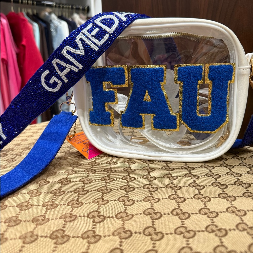 Clear FAU Crossbody Bag with Blue Strap